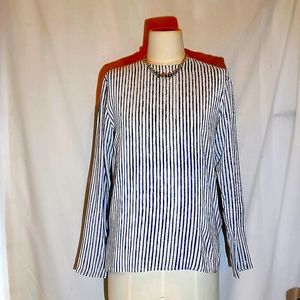 Nora Noh 100% Silk Blue & White Long Sleeve Top